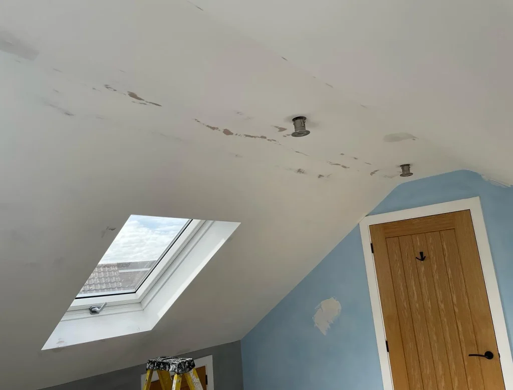 Attic ceiling water damage with skylight and ladder.