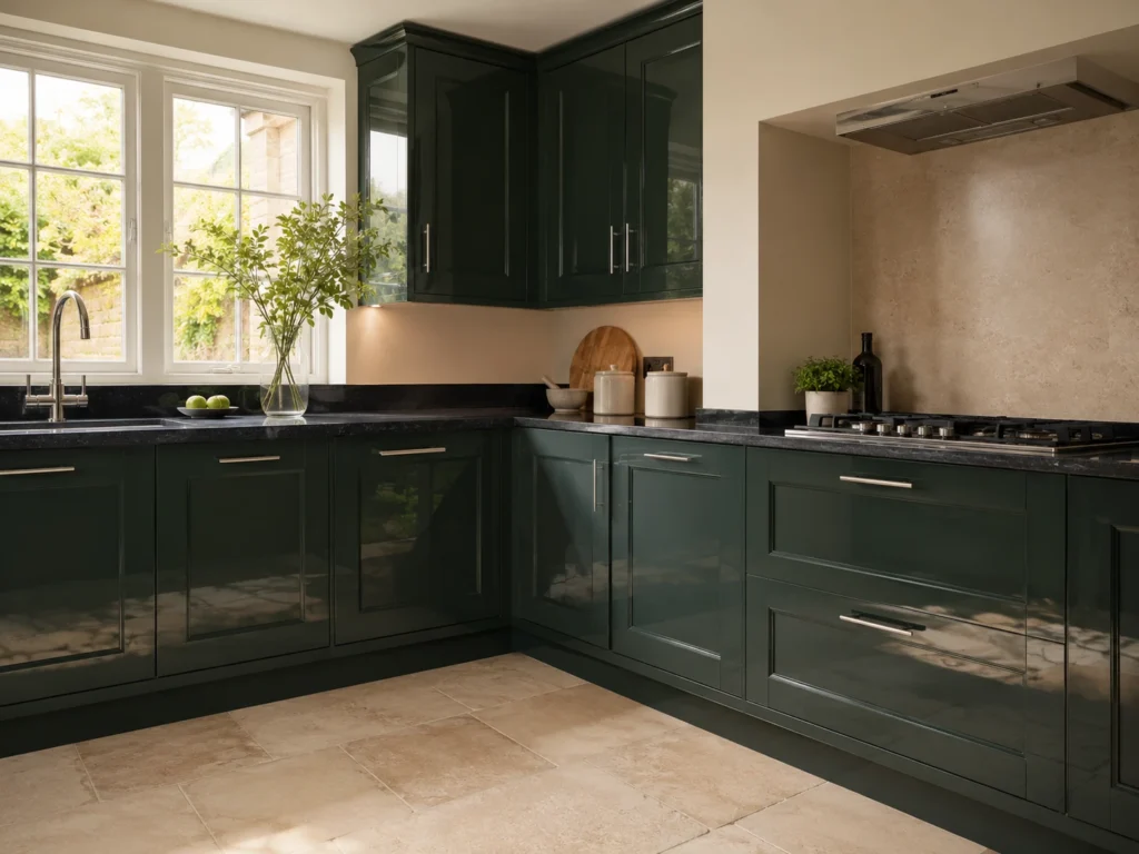 A deep green high-gloss shaker kitchen with reflective cabinet doors