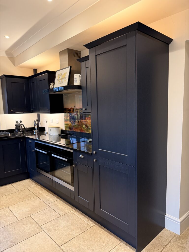 Modern navy kitchen with built-in oven