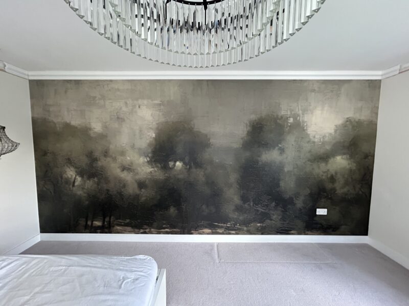 Large abstract forest mural in modern bedroom