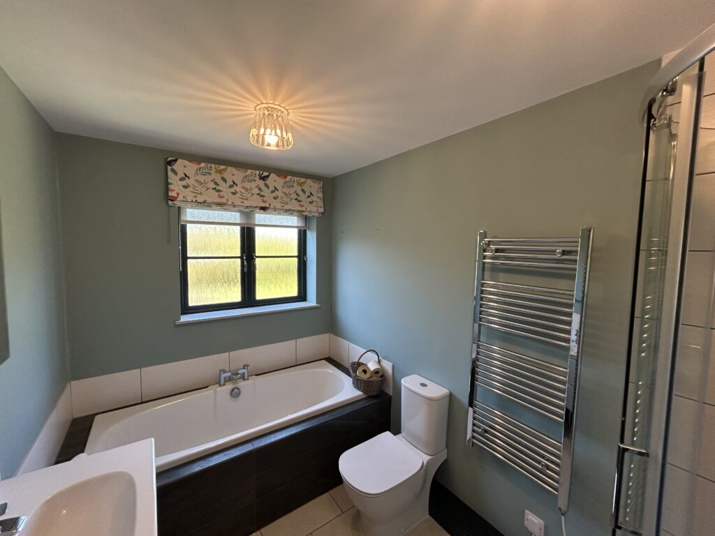 Modern bathroom with bath, toilet and towel rail