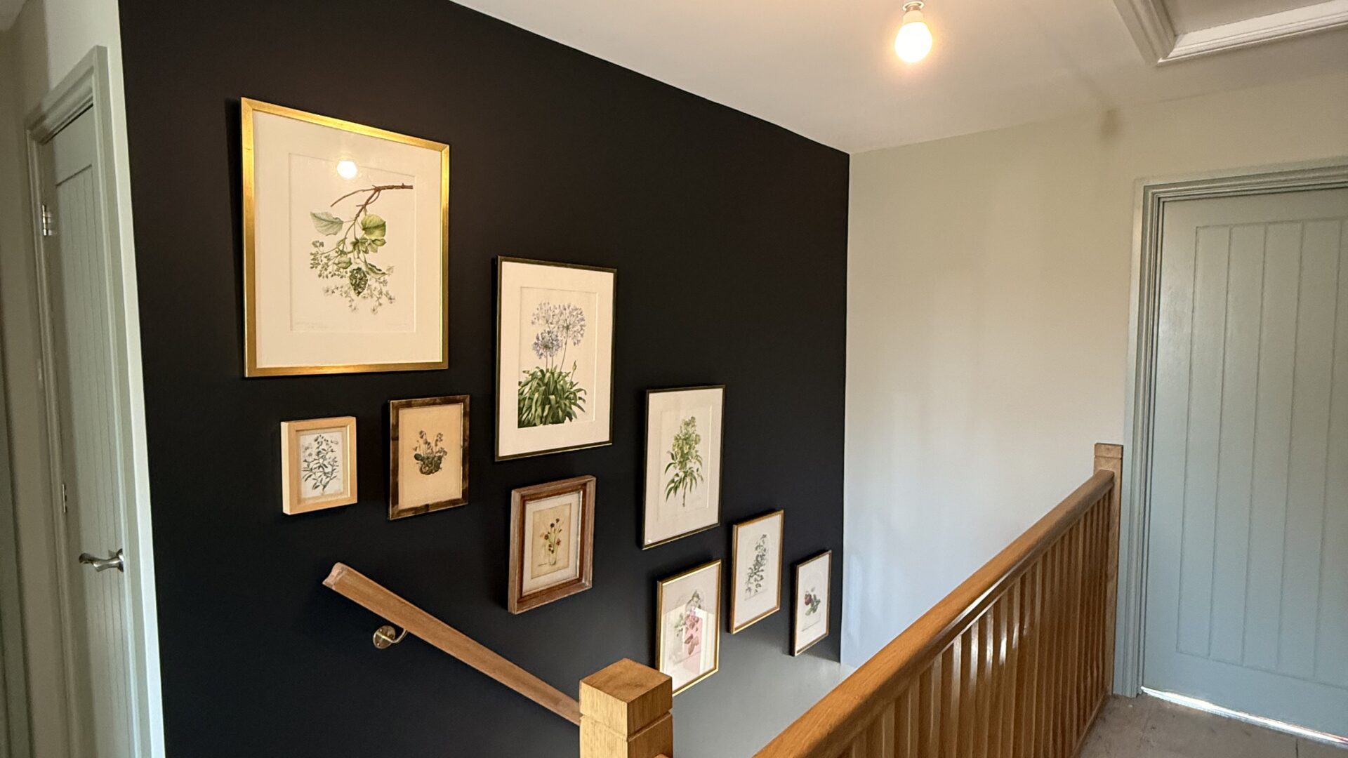 A freshly decorated sage-green hallway