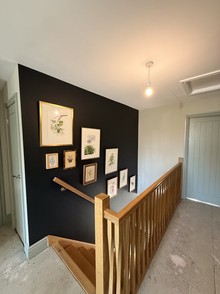 Staircase landing with botanical gallery wall