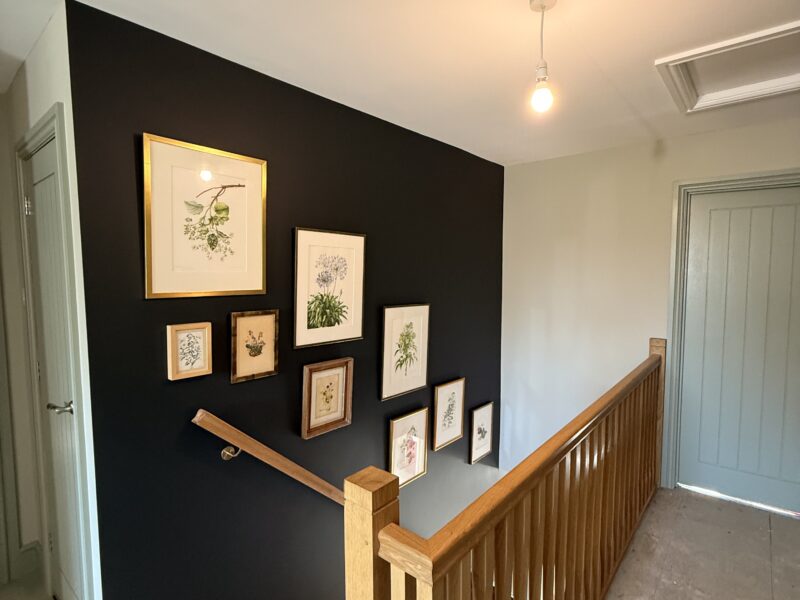 Staircase landing with botanical gallery wall